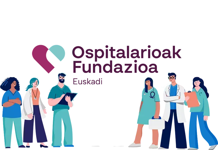 Ilustración que muestra varios profesionales sanitarios y el logo de Ospitalarioak Fundazioa Euskadi (antes, Hermanas Hospitalarias Aita Menni)