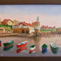 Nuestro residente Santos Romera expone óleos en Txurdinagabarri El muelle de Arriluce, Getxo