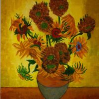 Nuestro residente Santos Romera expone óleos en Txurdinagabarri Reproducción de "Jarrón con catorce girasoles" de Vincent Van Gogh.