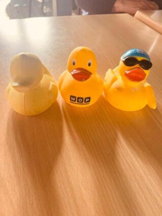 Gaixotasun neurodegeneratiboen aurkako Estropatadan parte hartu dugu Tres patos pequeños de goma de color amarillo