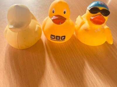Gaixotasun neurodegeneratiboen aurkako Estropatadan parte hartu dugu Tres patos pequeños de goma de color amarillo