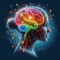 Imagen digital de una cabeza femenina con el cerebro en colores