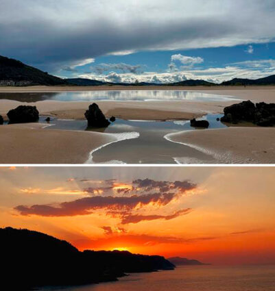 Dos fotografías de atardeceres en la playa y en la costa
