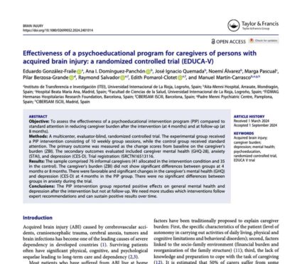 Brain Injury publica nuestra investigación EDUCA-V para cuidadores de personas con daño cerebral adquirido Imagen del artículo Effectiveness of a psychoeducational program for caregivers of persons with acquired brain injury: a randomized controlled trial (EDUCA-V)