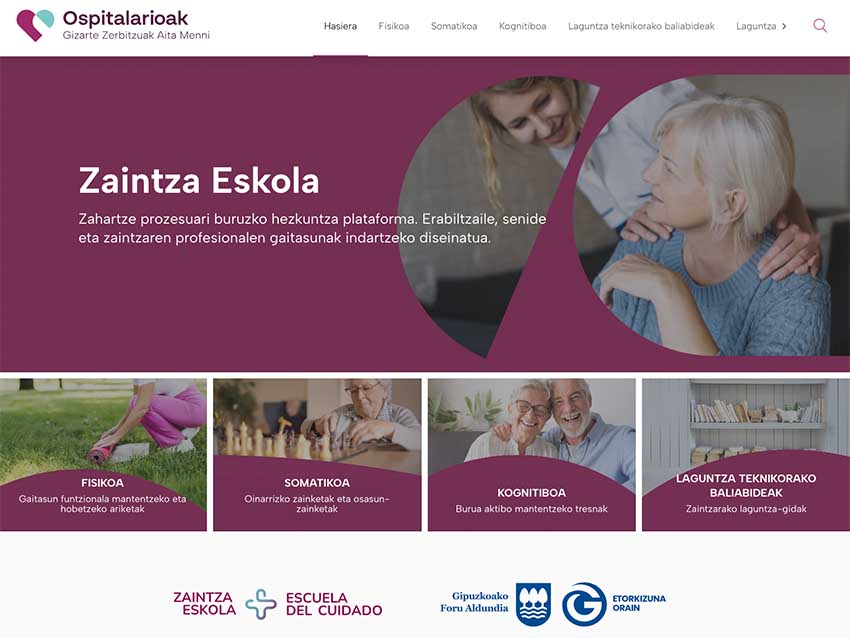 Zaintza Eskola abiarazi dugu, zaintzaileentzako online plataforma Zaintza Eskola webgunea