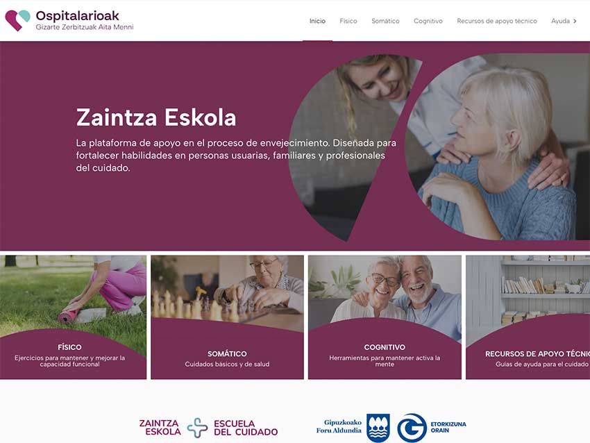 Lanzamos Zaintza Eskola, una plataforma online para personas que cuidan a mayores o dependientes Imagen de la web de Zaintza Eskola