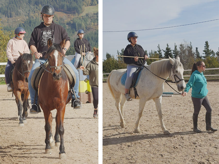 Equinoterapia en enfermedad mental y discapacidad intelectual: beneficios de la terapia asistida con caballos Varias personas montando en una sesión de equinoterapia